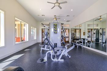 fitness center with cardio and strength training equipment at The Falls at Copper Lake apartments